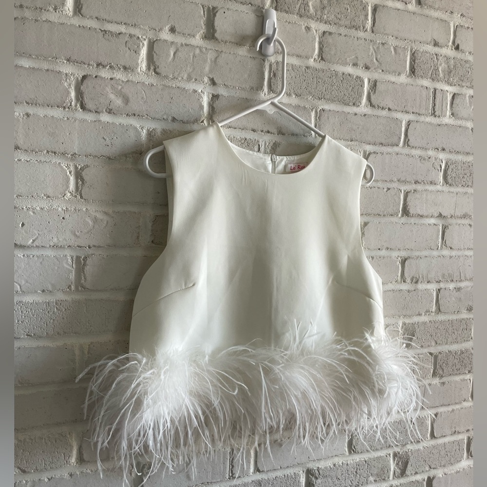 Honey Semi-Cropped White Top with Feather Detailing, Size Medium.